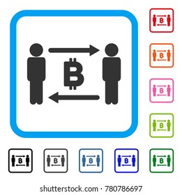 People Exchange Bitcoin icon. Flat gray pictogram symbol inside a blue rounded square. Black, gray, green, blue, red, orange color versions of People Exchange Bitcoin vector.