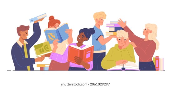 People exchange books concept. Bookcrossing. Young men and women recommend their favorite literary works to each other. Group of readers. Cartoon flat vector illustration isolated on white background