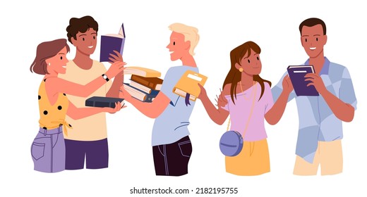 La gente intercambia libros para leer ilustraciones vectoriales. Caricatura aislada de jóvenes estudiantes de los clubes de lectores que cruzan libros, comparten libros de papel y aprendizaje, amigos toman prestado, dan y reciben regalos de literatura