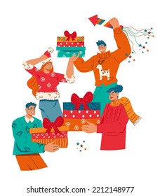 People exchange Christmas gifts. Men and women in winter clothes with Christmas and New Year gifts, flat vector illustration isolated on white background. Winter holidays celebration.