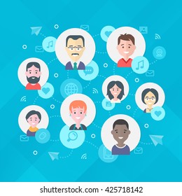 People exchange digital information in the network. Modern flat design illustration concept of online social network