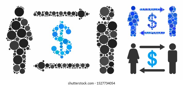 People exchange dollar composition of round dots in different sizes and color tints, based on people exchange dollar icon. Vector dots are organized into blue composition.