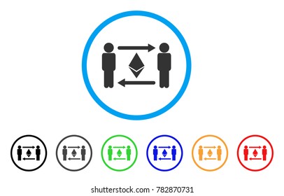 People Exchange Ethereum Crystal rounded icon. Style is a flat grey symbol inside light blue circle with additional colored versions.