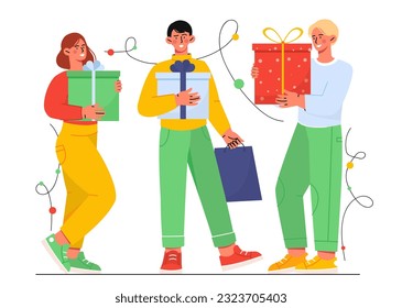 People exchange gifts concept. Men and women with colorful boxes and packages. Discounts and promotions. Holiday and festival. New Years and Christmas. Cartoon flat vector illustration