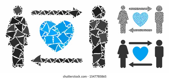 People exchange heart composition of bumpy items in various sizes and shades, based on people exchange heart icon. Vector rough items are composed into collage.