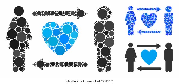 People exchange heart composition of small circles in variable sizes and color tints, based on people exchange heart icon. Vector filled circles are combined into blue illustration.