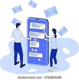 People exchange messages using their smartphones.Communicate with your friends via live chat.Communication in social networks.3D image.Isometric illustration.