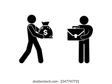 people exchange money for documents, business icon, illustration businessman, stick figure man, isolated human silhouettes on transparent background