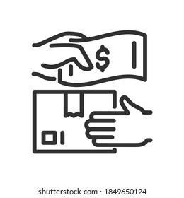 People exchange money for goods, parcels. One hand passes a paper a dollar bill, the other hand passes a sealed box, linear icon. Editable stroke