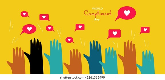 People exchange positive emotions and messages, compliment day, celebrating Valentine's day poster modern flat vector illustration