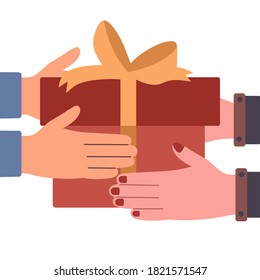The people exchange present together. Hand gift giving. Christmas, new year, happy birthday’s , valentine, anniversary. Vector illustration in flat cartoon design.