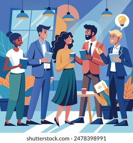 People exchanging business cards and engaging in conversation at a professional event