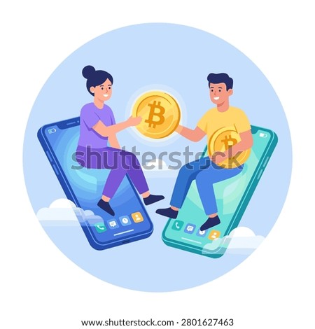 People exchanging cryptocurrency coins on smartphone screens digital illustration with cryptocurrency, technology