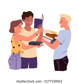 People exchanging different books. Borrow and lend study materials, book festival, literature fans bookcrossing, library textbooks, reading and learning lovers vector illustration