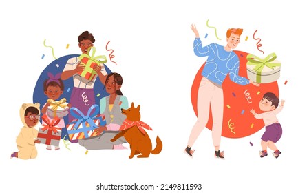 People Exchanging Gift Boxes Celebrating Special Occasion Like Birthday or Holiday Vector Illustration Set