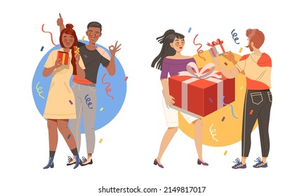 People Exchanging Gift Boxes Celebrating Special Occasion Like Birthday or Holiday Vector Illustration Set