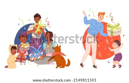 People Exchanging Gift Boxes Celebrating Special Occasion Like Birthday or Holiday Vector Illustration Set