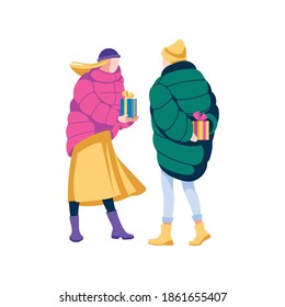 People exchanging gift boxes. Couple dressed in warm clothes celebrating winter holidays. Man and woman receiving and giving gifts. Merry Christmas and Happy New Year cartoon vector illustration