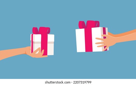 
People Exchanging Gifts for Christmas Holiday Vector Cartoon. Husband and wife offering each other gifts for the winter holidays
