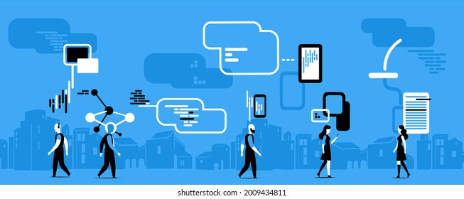Personas intercambiando información, datos, mensajes a través de dispositivos digitales inalámbricos