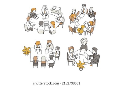 People exchanging opinions at meetings Teamwork set Comical handwritten person Vector, line drawing and color