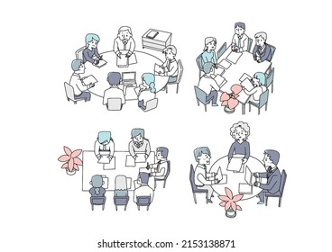 People exchanging opinions at meetings Teamwork set Comical handwritten person Vector, line drawing and color