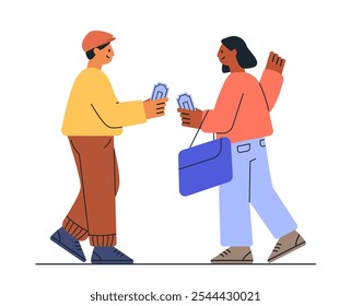 People exchanging tickets at cinema entrance colorful characters holding tickets casual clothing white background