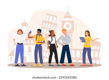 People at excursion. Men and women with briefcases, map and camera on background of sights of different countries. Tourism and travel, journey. Holiday and vacation. Cartoon flat vector illustration