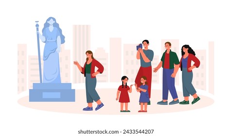 People at excursion. Men and women with kids near marble statue. Gallery and museum. Cultural leisure, lifestyle and rest. Cartoon flat vector illustration isolated on white background