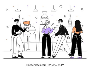 People at excursion simple. Men and women near ceramics vases and pottery. Guys and girls in gallery and exhibition, museum. Doodle flat vector illustration isolated on white background