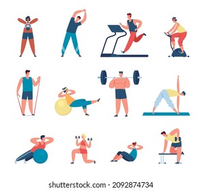 La gente hace ejercicio en gimnasia, los atletas entrenan con equipos deportivos. Estiramiento de caracteres, levantamiento de campanas, juego de vectores de entrenamiento de fitness. Hombre con entrenamiento cardiovascular en cinta de correr, mujer haciendo yoga