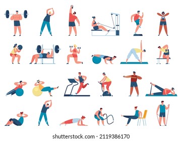 People exercise in gym. Female and male characters leading healthy lifestyle. Men training with barbell, weight, running on treadmill. Women doing yoga, woking out with dumbbells vector set