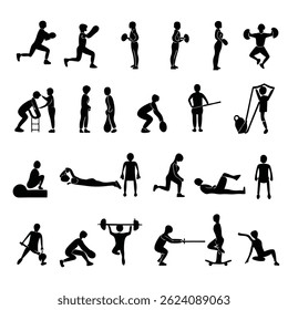 People exercise in gym. Female and male characters leading healthy lifestyle