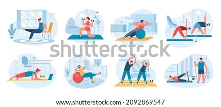 People exercise at home, doing indoor fitness or cardio workout. Characters practicing yoga, stretching, doing aerobic exercises vector set. Athletic couple having physical activities