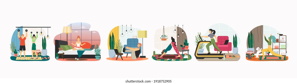 People Exercise At Home Vector Illustration Set. Man And Woman Doing Fitness, Stretching Exercise And Yoga. Family Workout And Healthy Lifestyle. Stay Fit During Lockdown. Sport At Home Cartoon