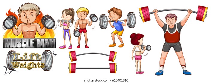People exercise with lifting weights illustration