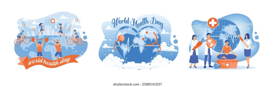 People exercise to maintain health.Commemorating World Health Day.Health and life insurance. World Health Day concept. Set flat vector illustration.