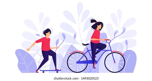 People Exercise, Relax and Enjoy the Afternoon in the Park On a Bicycle And Skateboard. Character Concept Vector Illustration For Web Landing Page, Banner, Mobile Apps, Card, Book Illustration