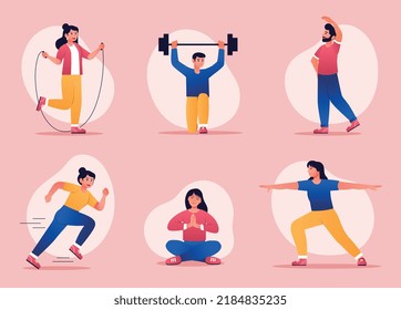 People exercise set. Fitness collection, men and women strengthen muscles. Active lifestyle and sports, health care. Training and workout. Cartoon flat vector illustrations isolated on pink background