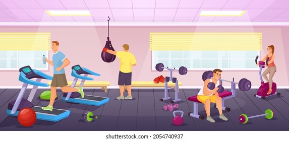 People exercise in sport gym, workout with fitness equipment. Cartoon training club interior with men and women working out Vector illustration. Sportsman characters doing physical activities