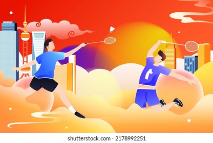 People are exercising by playing badminton in summer, vector illustration