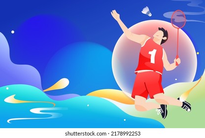 People are exercising by playing badminton in summer, vector illustration