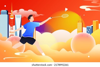 People are exercising by playing badminton in summer, vector illustration