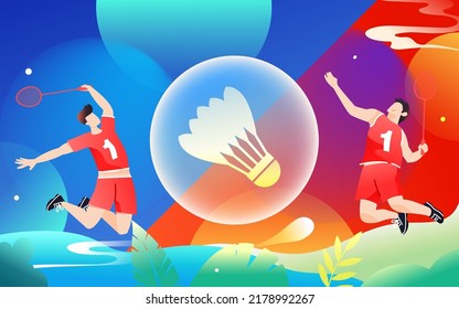 People are exercising by playing badminton in summer, vector illustration