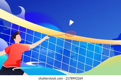 People are exercising by playing badminton in summer, vector illustration