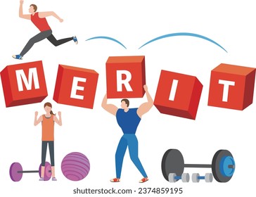 People exercising with characters of merit