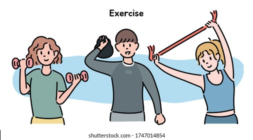 People are exercising with dumbbells and a kettlebell rubber band in their hands. hand drawn style vector design illustrations. 