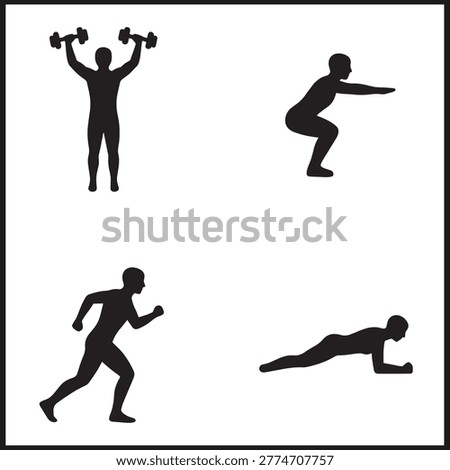 People exercising with dumbbells squats running and plank in black and white fitness silhouette icon illustration