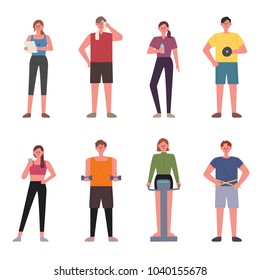 People exercising in the fitness center. hand drawing style vector illustration flat design