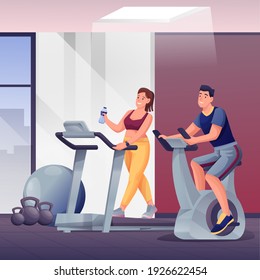 People exercising in fitness gym. Room with sport equipment for workouts vector illustration. Woman walking on treadmill with water, man cycling on bike. Healthy lifestyle.